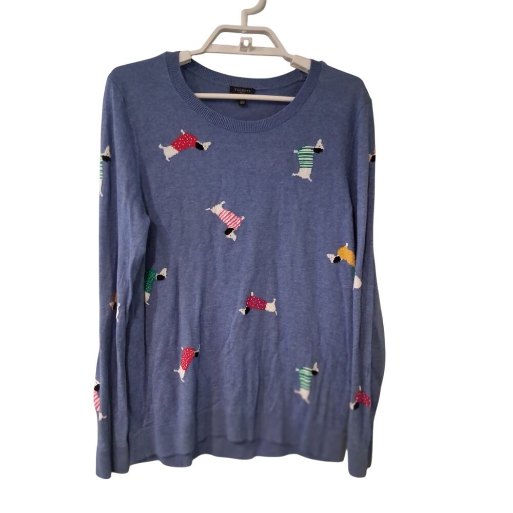 Talbots sweater womens Medium Petite Dachshund dog print blue